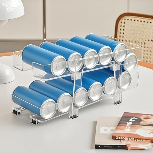 STORICANS Fridge Organiser Rolling Can Dispenser with Adjustable Width 2 Layer Fridge Beer Soda Can Organiser for Kitchen Cupboard Pantry Countertop,Soda Pop Cans Storage Pantry Organisation,Clear