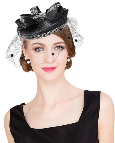 Pillbox Fascinator Hüte für Damen, Kirche, Teeparty, Satin, Stirnband, Derby, Hochzeit, Cocktailhüte mit Schleier, A Schwarz, Einheitsgröße