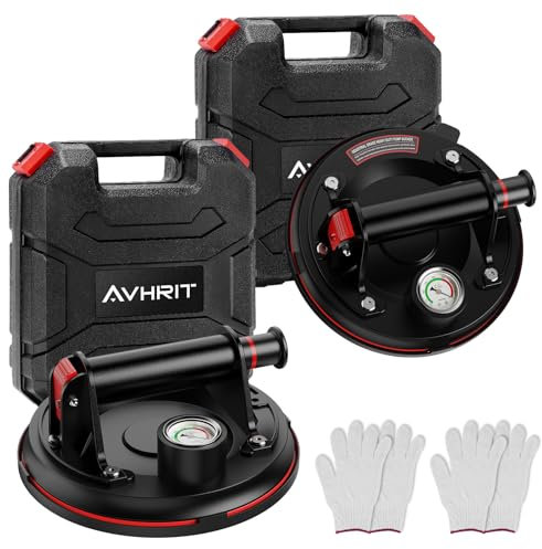 Avhrit 2x Ventouses Carrelage, Ventouse Vitre avec Manomètre, Diamètre 200mm, Capacité de Charge 220KG, Puissant Levage de Verre pour Remplacer le Pare-Brise Auto, Granit, Sol