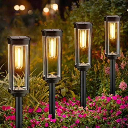 EDISONFIRE Sehr Hell Solarlampen für Außen Garten, 4 Stücke Gartenleuchten Solar Warmweiß, IP65 Wasserdicht Solarleuchten außenbeleuchtung Solar Wegeleuchte für Außen Garten, Terrasse, Pfad, Rasen