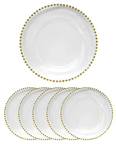 WedDecor 33cm Stylish 6pcs Clear Charger Plates with Gold Beaded Rim – Acrylic Charger Plates for Weddings, Parties, Kitchen Décor, and Tabletop Styling, Affordable Bulk Options