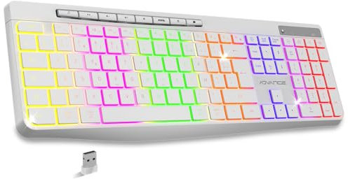 AD ADVANCE - R Type, Clavier sans Fil Silencieux Rechargeable, Touches Ergonomiques Lumineuses, Layout AZERTY Français, Autonomie Longue Durée, Connexion 2.4 Ghz, Compatible Windows, Mac, PC, Blanc