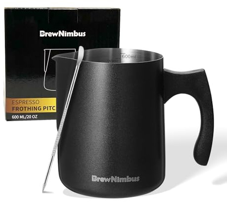 Milk Frothing Pitcher, 20oz/600ml Espresso Steaming Pitcher, Milk Frother Cup with Latte Art Pen, Stainless Steel Cappuccino Coffee Machine Accessories Barista Tools, Black