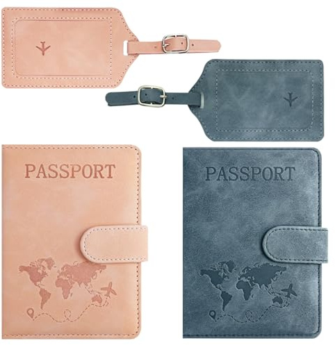 TYXHXTF Porte-Passeport Housse, Lensemble housse de passeport et étiquette à bagage pour Femmes Hommes, Passeport Portefeuille de Voyage pour Cartes de Crédit Cartes D'embarquement (Rose + Gris foncé)