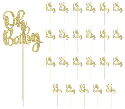 24pcs Oh Baby Glitter Cake Toppers - Boy or Girl Theme Cupcake Toppers for Baby Shower & Kids Birthday Party Supplies (Gold)