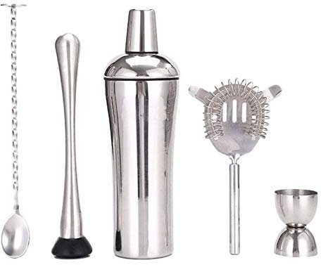 UHJKLA Juego de coctelera de 5 Piezas, Kit de Barman de Acero Inoxidable, Kit de coctelera Profesional para Mezclar Martini, Juego de Herramientas de Bar co