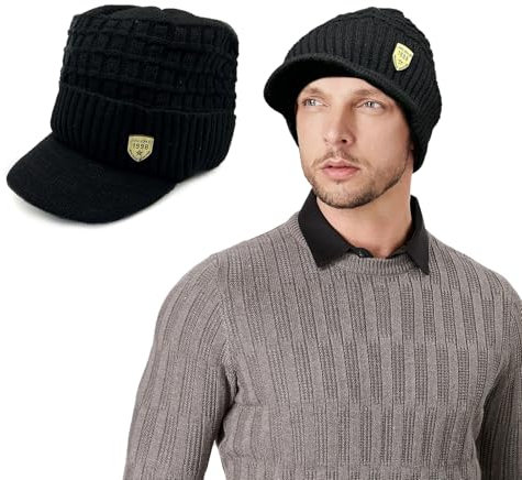 TUONYIS Cappello Invernale da Uomo con Visiera, Berretto Lavorato a Maglia con Fodera in Pile e Paraorecchie per Attività All'aperto (Nero)