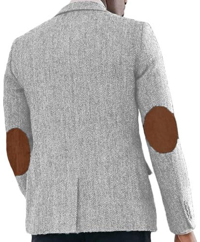 Men‘s Herringbone Blazer with Faux Suede Elbow Patches Textured Tweed Sport Coat Vintage Academic Casual Jacket Sliver L