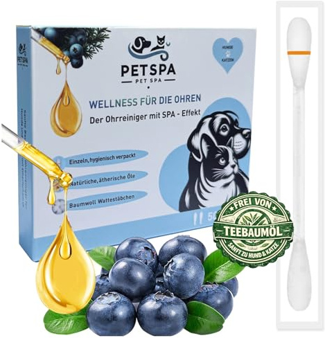PET SPA 2-in-1 Wattestäbchen für Haustiere – Natürlicher und sanfter Ohrenreiniger für Hunde und Katzen – Entfernt Ohrenschmalz Schmutz und Geruch – Einzeln verpackt für einfache Anwendung – 50 Stück