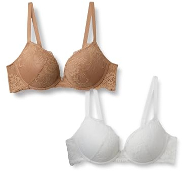 Amazon Essentials Reggiseno Push-up Imbottito in Pizzo con Ferretto Donna, Confezione da 2, Bianco/Bronzo Lavato, 2E