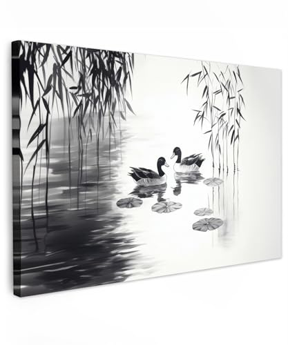 MuchoWow© Wandbilder Groß XXL Schlafzimmer Home Deko Wohnung Bild - Schwarz | 120x80 cm - Wohnzimmer Fotoleinwand Wand Bilder Leinwand Wall Decor Enten - Seerosen - Schilf