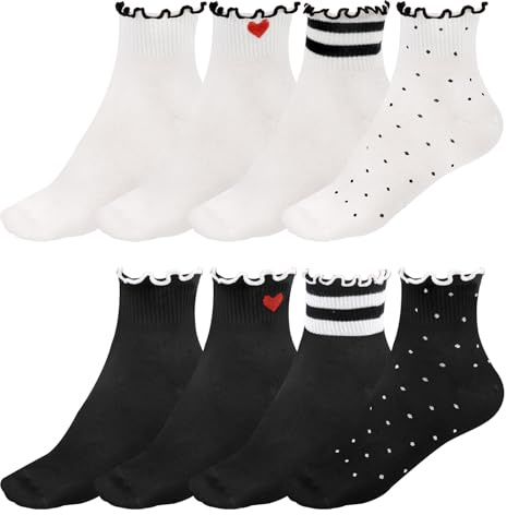 Soleeya 8 Paia Calze Donna Cotone con Volant 35-39, Traspiranti Calze con Volant Neri e Bianco in Maglia Alla Caviglia Calzini con Volant Ragazza Elevata Elasticità Calzini per Mocassini Donna