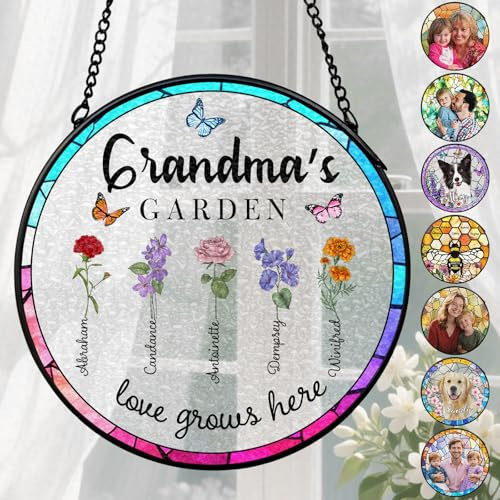 Personalised Birth Flower Garden Glass Suncatcher Custom Stained Glass for Window Hanging Ornament Home Garden Decor Mom Dad Grandma Grandpa Gift