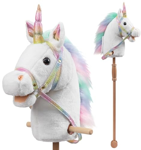 HollyHOME Cavallo a bastone con ruote in legno, vero pony che si avvicina e galoppa, unicorno hobby cavallo con briglia arcobaleno glitterato, bianco 91,2 cm (batterie AA richieste)