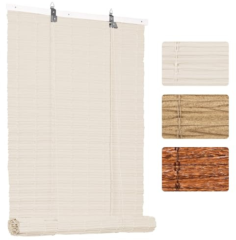Grandekor PE Outdoor Rollo Wetterfest Bambus Look für Fenster Tür,B90 x H220 cm Milchweiß,Imitation Bambusrollo Sonnenschutz, Blickdicht UV-Schutz für Innen-& Aussenbereich, Einfache Montage