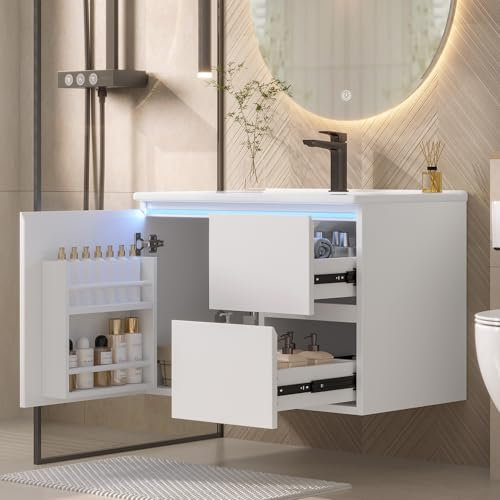 Easexcy 76 x 46 x 50 cm, mobile da bagno a parete, completamente verniciato, illuminazione a LED per lavabo, due cassetti, lavabo integrato, bianco (76 x 46 x 50 cm)