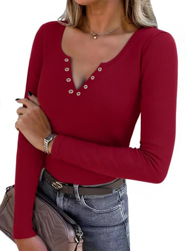Aottori T Shirt Femme Manche Longue Haut Col en V Boutons Élégant T-Shirt Côtelé Extensible Top Basic Slim Fit Décontracté Pull Rouge L