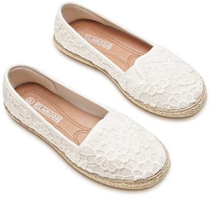 GLAMORA Alpargatas de Encaje con Suela de Esparto, Zapatos Planos Mujer Tipo Bailarinas Manoletinas Cómodas Slip On, Calzado Verano Ligero Transpirable Punta Redonda beige-40