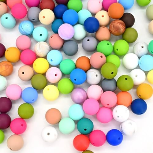 Alfven Perles de Silicone,100pcs 15mm Perles Artisanales Colorées perles rondes en silicone colorées pour DIY Bracelet Collier Bijoux Porte Clés Artisanat