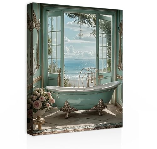 Galmcook Badezimmer Wandbild Leinwandbild mit Rahmen Meerblick und Badewanne – Elegantes Kunstdruck Dekobild für Bad, Gäste WC oder Wellness Zimmer mit Haken und spurlosen Nägeln 30x40 cm