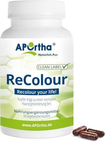 APOrtha® ReColour mit hochwertigem Melatine®, 60 vegetarische Kapseln | Melanin, mit Melanin gegen graue Haare, schrittweise Re-Pigmentierung von weißem und ergrautem Haar, Anti graue Haare Männer