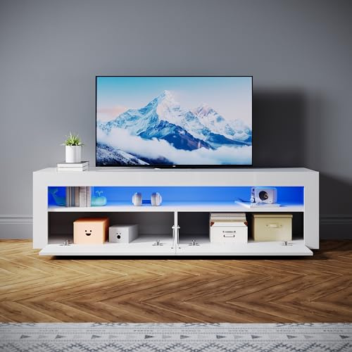 SONNI Mueble TV Blanco Brillo con Luces LED 12 Colores LED,Mesa de Salón para TV 2 Puertas Abatibles 160 cm