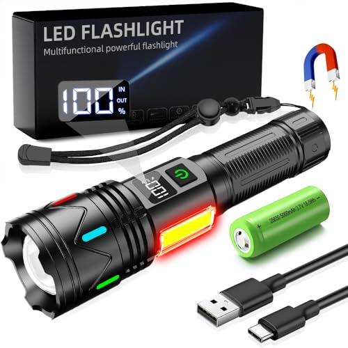 Keelang Wiederaufladbare Taschenlampe, Extrem Hell USB Aufladbar Taktische Taschenlampen, Zoombar, IP67 Wasserdicht 11modi für Home, Outdoor, Notfälle, Patrol, Camping(Mit 26650Akku)