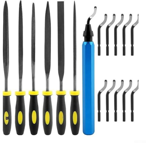 Deburring Tool Kit with 10 Blades and 6 Needle Files for Woodworking, Plastic, Steel and Aluminum Pipes Tube - Silver and Blue