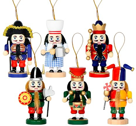 de cascanueces – Mini figuras de de madera, detalles coloridos brillantes, cuerda colgante tradicional decoración navideña | Juego de cascanueces decorativo para árbol de Navidad