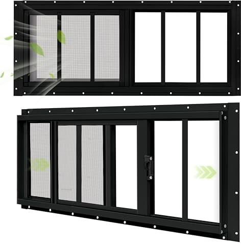 BOBIBAN 2 Pack Shed Windows, 12x 29 Black Sliding Window Suitable for Chicken Coop, shed, Household, Barn - Transom Window with Tempered Glass and Fiberglass Screen (BK,12''x 29'')