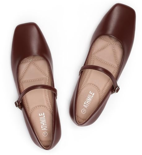 ATHMILE Ballet Flats Shoes for Women Mary Jane Shoes Women Slip on Comfortable Dressy Adjustable Strap for Work Office Business Casual Brown 9
