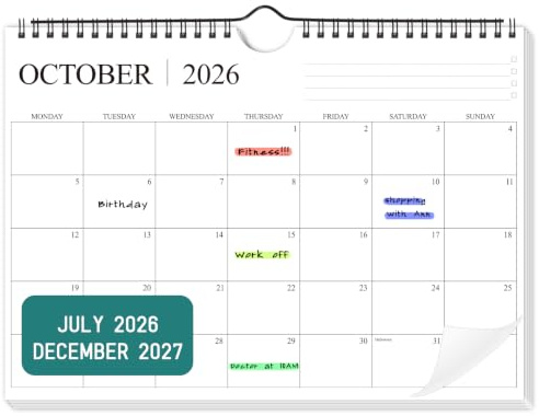 Calendar 2026-2027,18 Months Calendar A4 Size from Jul. 2026 to Dec. 2027 | Wall Planner Family Calendar 2026/27 Month to View for Home Office,School,30 x 21 cm
