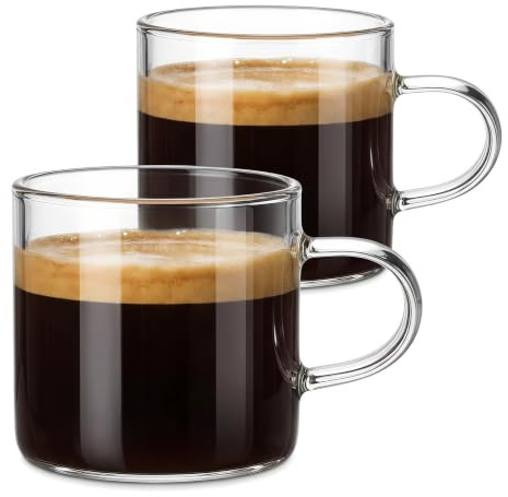 Merzio Espresso Cups Set of 2, 120ml Clear Glass Coffee Mugs with Handles, Small Shot Glasses for Hot Drinks, Tea, Latte, Cappuccino