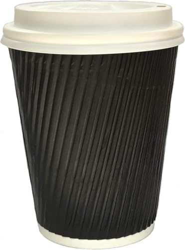 We Can Source It Ltd – 8oz Disposable Black Ripple Paper Cups with White Lids – Insulated Black Paper Cups with 3 Ply Construction – 100% Compostable Recyclable – for Tea, Coffee, Hot Drinks – 100Pc