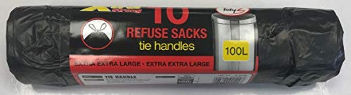 Tidyz X-Tra Strong Extra Large Tie Handle Refuse Sacks Black Bin Liners - Roll Of 10-100 Litres - 100 X 160cm
