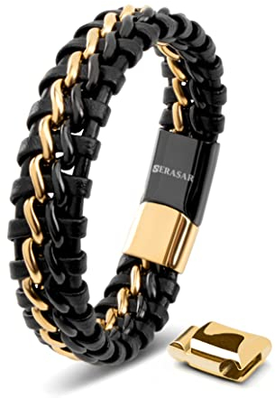 SERASAR Armkette Herren 23cm Schwarz Gold Männer Armband Leder Armreif Herrenarmreif Armschmuck Schmuck Herrenschmuck Flecht Wickelarmband Armbändchen Men Leather Bracelet