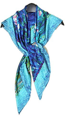 Prettystern Damen XL 105cm Seiden-Tuch Stola bunt Claude Monet Seerosen Wasserlilien blau P143