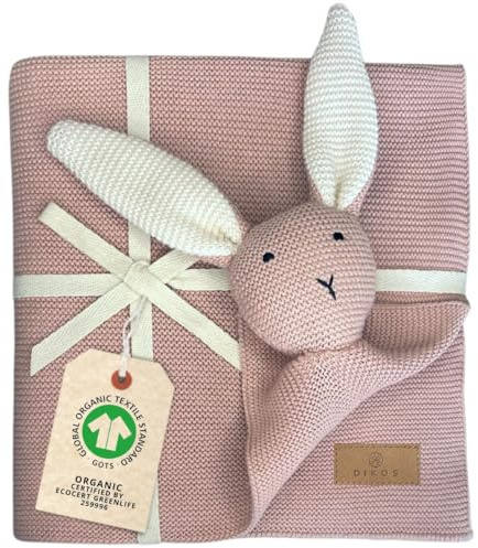 DIKOS® coperta & doudou 2 in 1 con coniglietto coccolone (rosa antico) – regalo nascita dolce e originale per neonata – in morbido cotone biologico (GOTS & OEKO-TEX) – primo peluche per bebè
