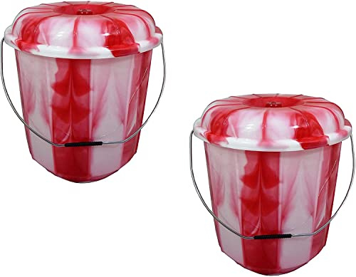 (Set of 2) - 3L Litre Plastic Tie Dye Design Buckets with Lid and Metal Handle Multipurpose Storage Bucket Hard Wearing Bucket for Garden Home Cleaning Camping Fishing Travel Water Storage (Red)