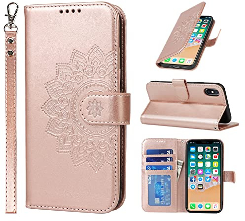 ELTEKER Handyhülle iPhone X, Handyhülle iPhone XS Klapphülle, [3 Kartenfächer] [Magnet Verschluss] Leder Eleganter Prägung Klapphülle Schutzhülle Ledertasche Hülle für iPhone X/XS, Roségold