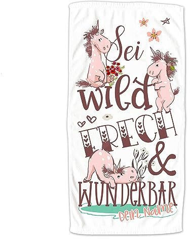 GRAZDesign Kinder Handtuch mit Namen, Einhörner, Sei wild, frech und wunderbar, Badetuch für Mädchen von 2-10 Jahren Strand / 140x70cm