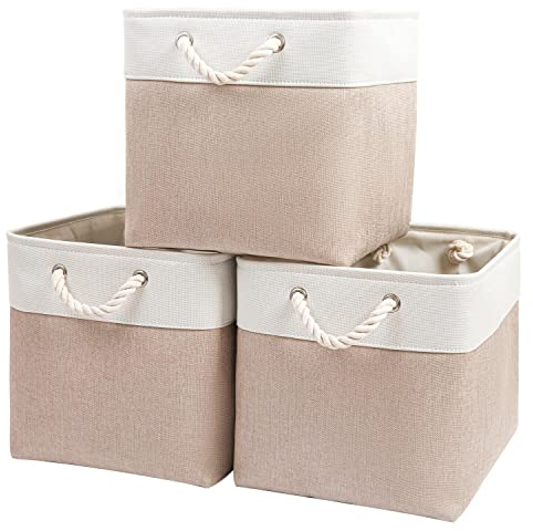 Mangata Aufbewahrungsbox,(33x38x33cm) Aufbewahrungskorb Stoff, Box in Würfel für Schrank, Regal, und Kleidung(khaki weiß, 3er Pack)