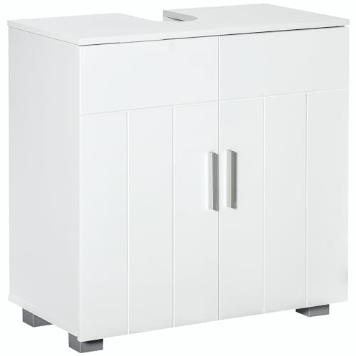 kleankin Mueble para Debajo del Lavabo Armario Baño de Suelo de Madera con 2 Puertas y Estante Ajustable Interior Moderno 60x30x60 cm Blanco