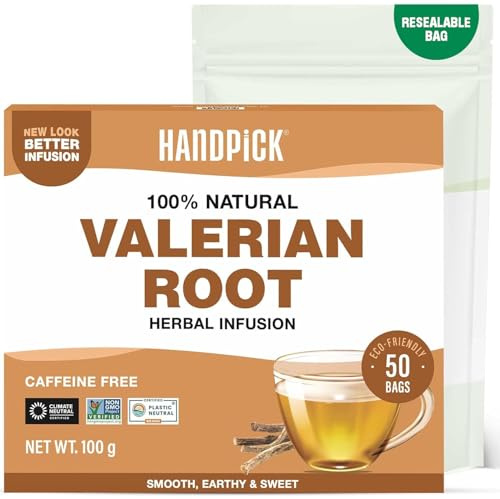 HANDPICK, Valerian Root Tea Bags (Valeriana) 50 Count | Non-GMO, Caffeine Free, Real Ingredients | Earthy/Woody Herbal Tea Bags | Round Eco-conscious Tea Bags