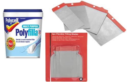 Polyfilla Ready Mixed Filler for Wood Brick Walls Plaster Multi Purpose Quick Drying White 1kg and Flexible Filling Knifes 4pc Blades