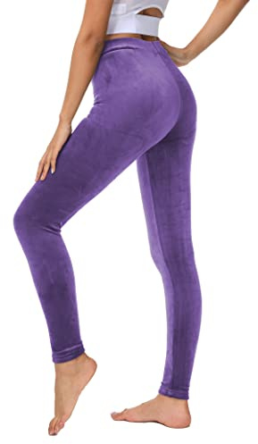 COZZYON Damen-Leggings, Velours, hohe Taille, weiche Leggings, warme Winter-Velours-Yogahose, Violett, M