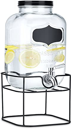 Navaris Dispensador de bebidas con grifo - Recipiente de vidrio de 5 L - Botella de cristal con base metálica - Garrafa de cristal con dosificador