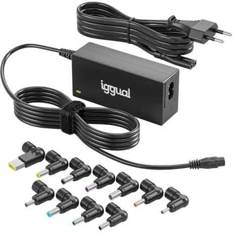 iggual Cargador Universal 65W para Portátil- 11 Conectores DC Intercambiables, Adaptador AC/DC Compacto, Selección Automática Voltaje, Compatible con HP DELL ASUS Lenovo Acer Toshiba ..(CUA‑11T‑65W)