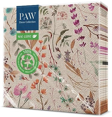 PAW - Servietten 3-lagig (33 x 33 cm) I 20 Stück I Perfekt für Geburtstage, Partys, Kommunion und Feiern I Papierservietten mit Natur Motiv I Umweltschutz, Getrocknete Blumen I Dried Floral Bouquet