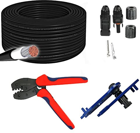 50m ARLI Solarkabel H1Z2Z2-K 6mm² Schwarz + Crimpzange + 10 Paar Solarstecker/Buchse IP68 1500V für 2,5/4/6mm² + Schraubenschlüssel Werkzeug Set